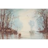 Desmond JOHNSON (British 20th Century) Misty River, Watercolour, Signed lower left, artist's label