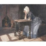 William GALLOWAY (British b. 1878) Flemish Young Woman Seated at a Table beside a Fire, Watercolour,