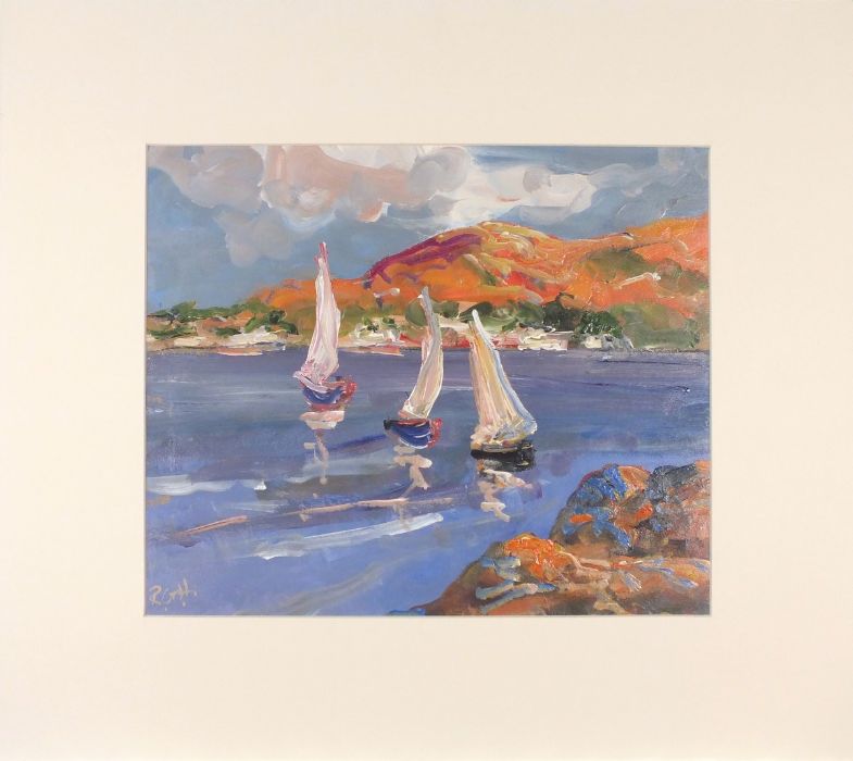 Rachel GRAINGER-HUNT (British 1956-2016) Three Sailing Vessels on a Lough, Oil on paper, Signed with - Image 2 of 2