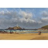 Attributed to Patricia SCOTT, Godrevy Lighthouse, Cornwall, Oil on board, 12.5" x 18.25" (31cm x