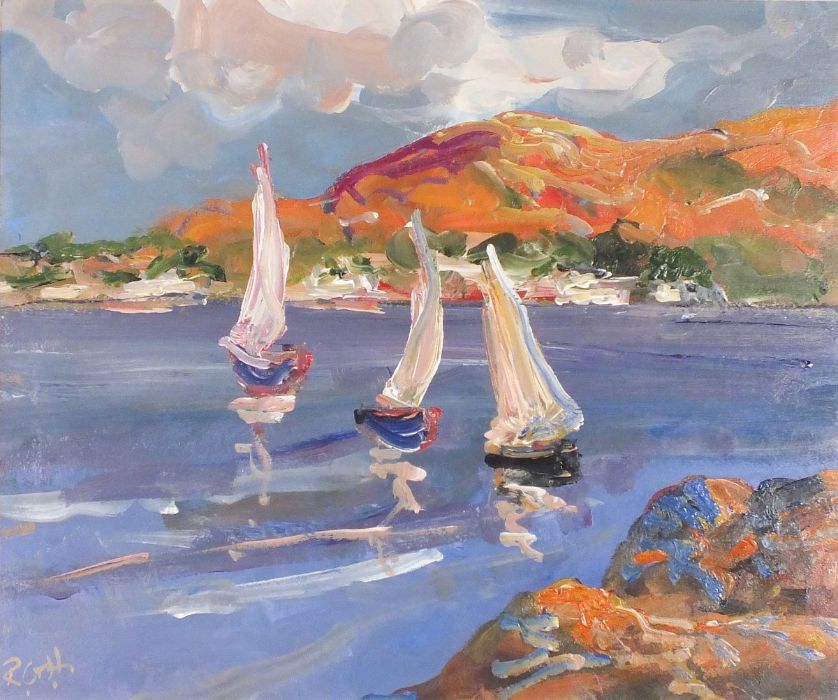 Rachel GRAINGER-HUNT (British 1956-2016) Three Sailing Vessels on a Lough, Oil on paper, Signed with