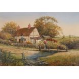 R SIMM (British 20th Century) Figure on a Footbridge beside a Cottage, Oil on board, Signed lower