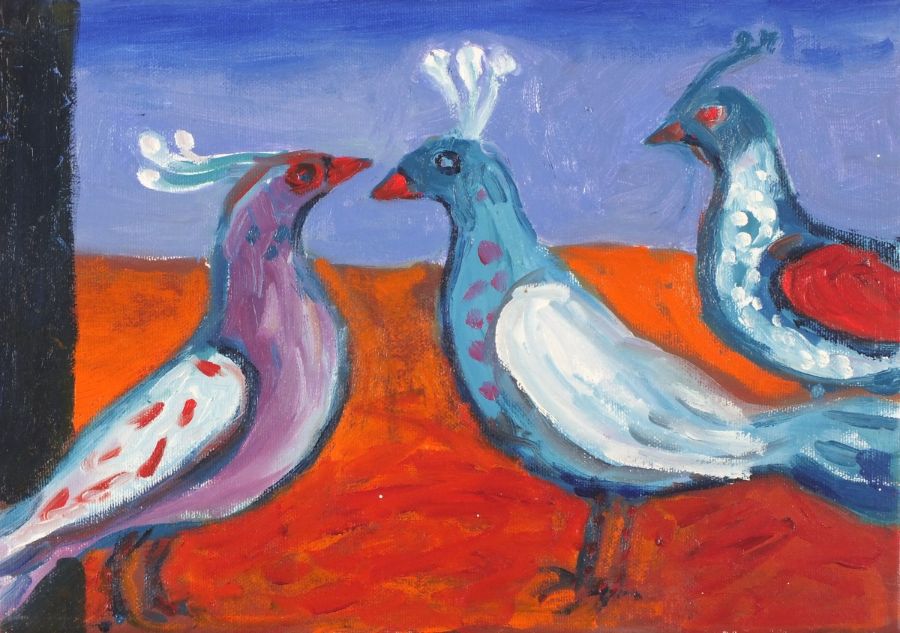 Janet LYNCH (British b. 1938) Three New Mexican Birds I, Acrylic on canvas, titled, signed and dated