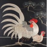 Japanese 19th/20th Century Cockerel and Hen, Embroidered panel  19" x 19" (48cm x 48cm), together