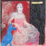 Janet LYNCH (British b. 1938) Woman with Blue Dog, Mixed media on paper, Signed with initials and
