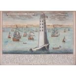 British early 18th Century Edystone Lighthouse with historical notes, Coloured steel engraving, 7" x