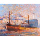 D HUGHES (British 20th Century) Fishing Vessel in Harbour Low Tide - possibly St Ives, Oil on