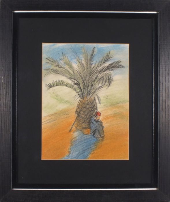 Hyman SEGAL (British 1914-2004) Bedouin Beneath a Palm, Coloured chalk and pencil, Artist label - Image 2 of 3