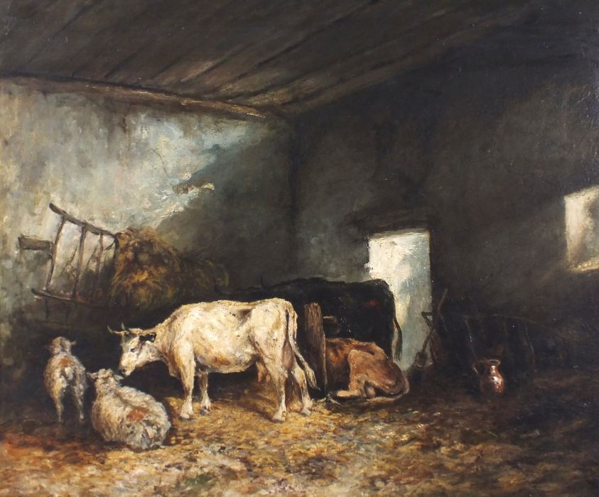 Late 19th Century Continental School Cattle in a Barn, Oil on board, 19.75" x 23.5" (50cm x 60cm)