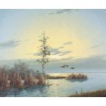 Gien BROUWER (Dutch b. 1944) Ducks in Flight at Dawn, Oil on canvas, Signed lower left, 19.75" x