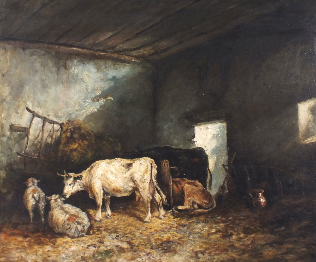Late 19th Century Continental School Cattle in a Barn, Oil on board, 19.75" x 23.5" (50cm x 60cm) - Image 2 of 4