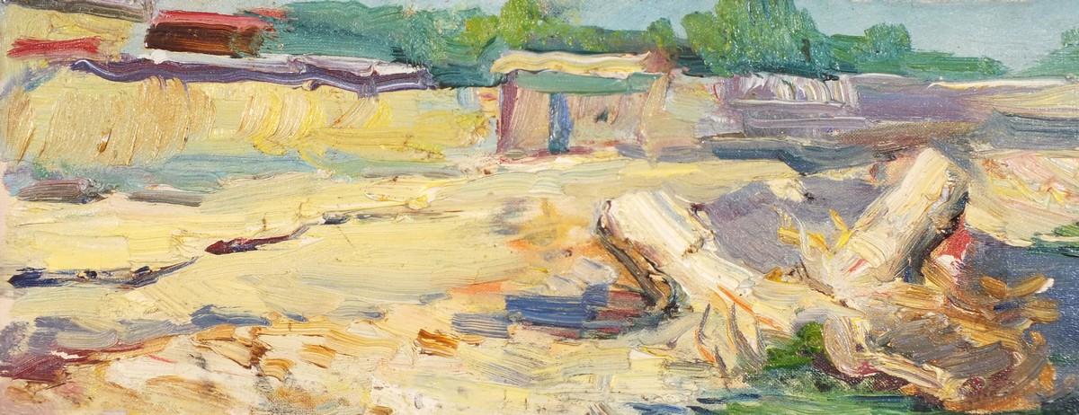 ZYSEGPCAI? 20th Century Russian School Bothy in a Landscape, Oil on canvas board, Inscribed verso - Image 2 of 4