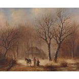 19th Century Style Figures with a Horse in a Winter Woodland, Oil on panel, 6.75" x 8.25" (17cm x