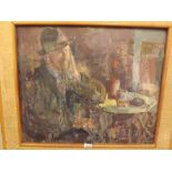 English School - Man with a hat sat on table - 20 x 24 - Remains of Bouret label on reverse