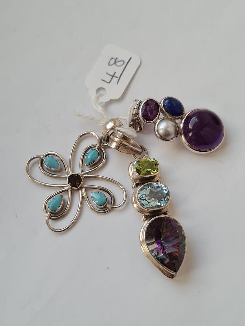 Three silver turquoise/amethyst etc. pendants