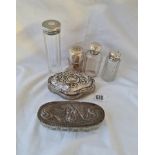 Six various silver topped bottles and jars