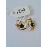 Pair greenstone heart drop earrings in 9ct mounts