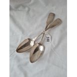 A pair of Georgian Exeter fiddle pattern tablespoons with crested terminal - 1825 by OF - 125gms