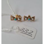 A pair of 9ct pearl and turquoise bow earrings - 2gms