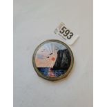 A good quality circular enamel decorated compact with a coastal scene - stamped "925" - 2"DIA