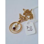 Garnet & pearl pendant & chain both 9ct 3.9g