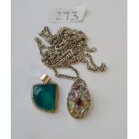 A silver stone set pendant on metal chain & 1 other pendant