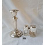 A candlestick with reeded rims - 5.5" high - and two mounted jars