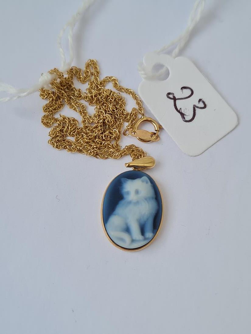 Unusual cat cameo pendant on chain both in 14ct gold