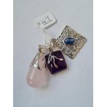Three silver amethyst and rose quartz etc. pendants