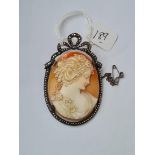 A large silver and marcasite shell cameo brooch