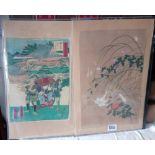 A oriental water colour of flowers and foliage and a Japanese print.