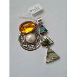 Three silver pearl/abalone/amber pendants