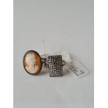 Two silver rings - 1 x marcasite - 1 x cameo