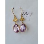 Pair amethyst gold mounted drop earrings