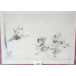 A signed Eilian A Soper etching - Children on Swing