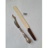 A mounted letter opener - 7.5" long - London probably 1903 and a mounted butter knife