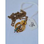 Antique turquoise set gold pendant on gold chain 6.4g