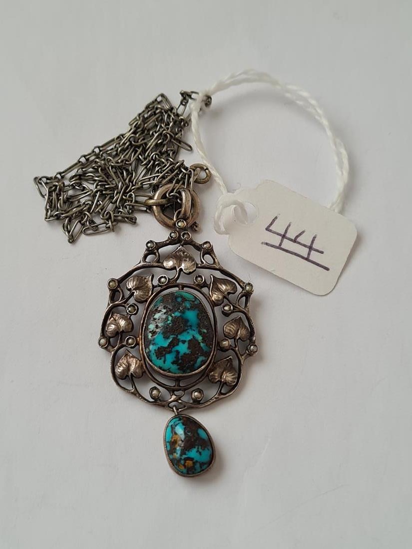 ARTS AND CRAFTS SILVER TURQUOISE AND PEARL PENDANT BY HEINRICH LEVINGER