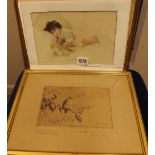 C. Mutton - 'The New Love' sleeping child with dolls - signed. & a pencil drawing 'Really Wet' by