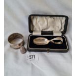 A child's boxed feeding spoon - B'ham 1926 - a napkin ring and a thimble - 34gms