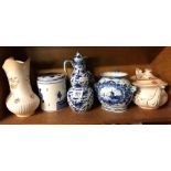 SHELF OF BLUE & WHITE CHINAWARE CONSISTING OF JUG ETC