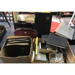 2 CARTONS & 2 BAGS WITH QTY OF TYPEWRITER MANUALS, SPARE PARTS, ADVERTISING SIGNS & CARRY CASE