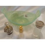 QTY OF GLASS ITEMS, SMALL GREEN PERIOD DISH, ATOMIZER & SCENT BOTTLES