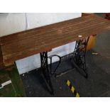 CAST IRON SINGER SEWING MACHINE TABLE BASE WITH WOODEN SLAT TABLE TOP 54'' X 18''