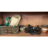 SHELF OF WOODEN ANIMALS, STRAW BASKET, HAT & SMALL VASE