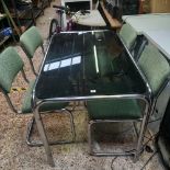 CHROME FRAMED SMOKE GLASS TOPPED TABLE WITH 4 CHAIRS - GREEN PADDED SEATS & BACKS