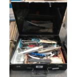 2 BOXES WITH LARGE QTY OF TOOLS INCL; SCREW DRIVERS, HOLE PUNCHES, HACK SAW ETC
