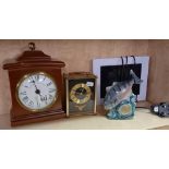 BRASS EFFECT CARRAIGE CLOCK, DIGITAL CALENDAR DAY CLOCK, THERMOMETER SET IN CHINA FISH AND MANTLE