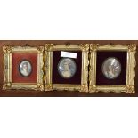 PAIR OF OVAL VELVET BACK GILT FRAMED PICTURES & 3 GILT FRAMED SQUARE VELVET BACK OVAL PICTURES OF