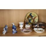 ONE SHELVES OF CHINA WITH FISH PLATE & JEWELLERY BOX ETC